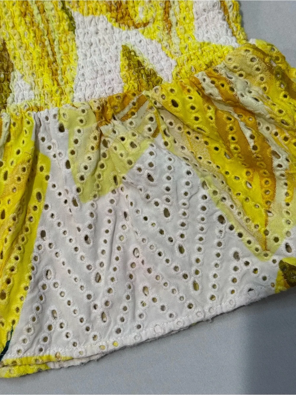 FARM Rio Azalea Yellow Floral Eyelet Smocked Peplum Top M
